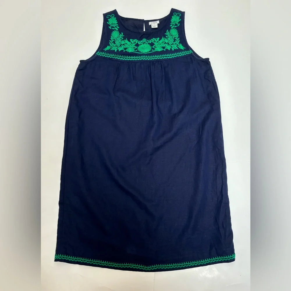 J Crew linen embroidered shift‎ dress, navy and green, with pockets XS, bohemian